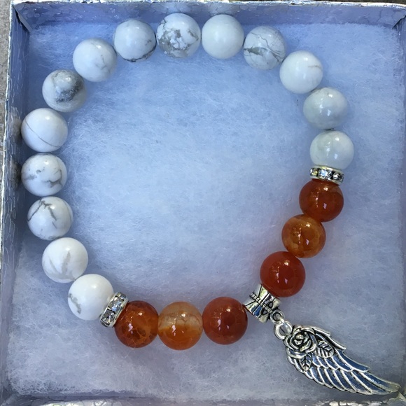 PeaceFrog Jewelry - Red Fire Agate White Howlite Angel Wing Bracelet